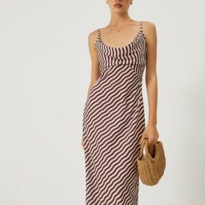 Wavy Brown and White Stripe Low Cut Cowl Neck Slim Long Maxi Vacation Dress